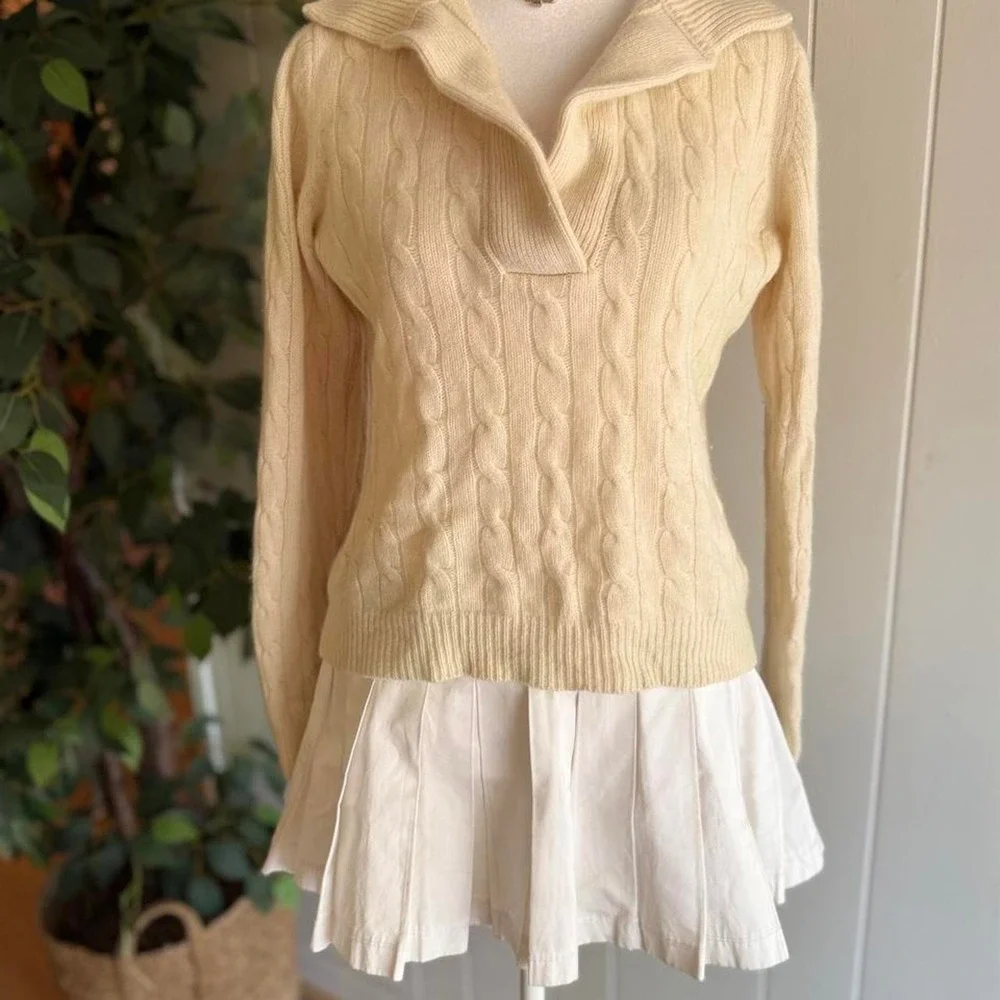 Evelyn Grace Cashmere Cable Knit V-Neck Sweater Cream Women's Size Medium